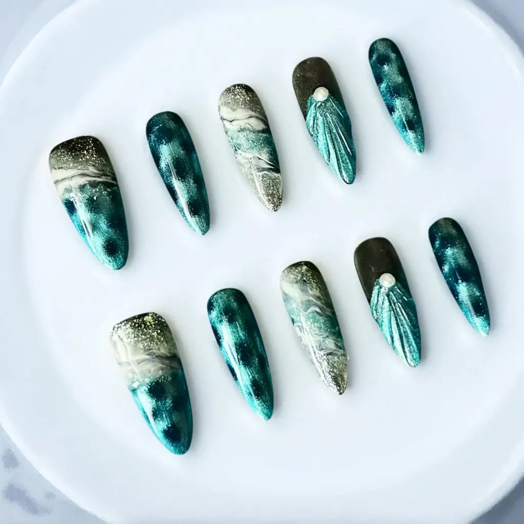 Custom Blue Oval Press On Nails - Made by Nails Aria