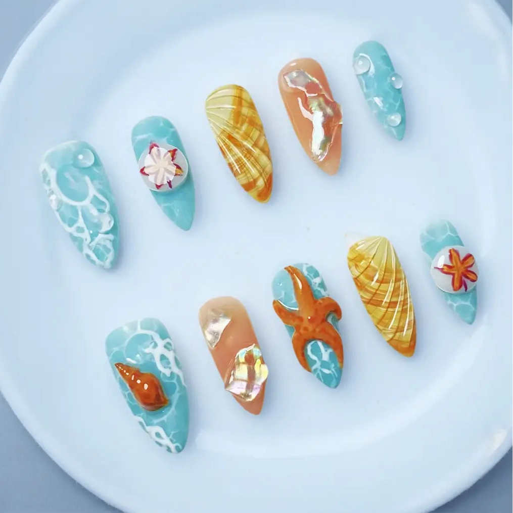 Handmade 3D Beach-inspired Design Almond Press Ons - Made by Nails Aria