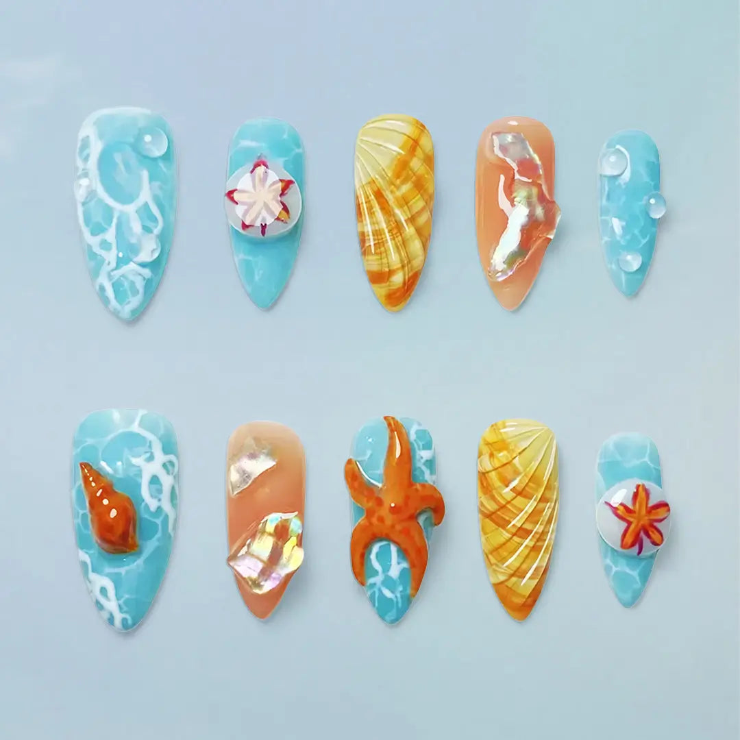 Handmade 3D Beach-inspired Design Almond Press Ons - Made by Nails Aria