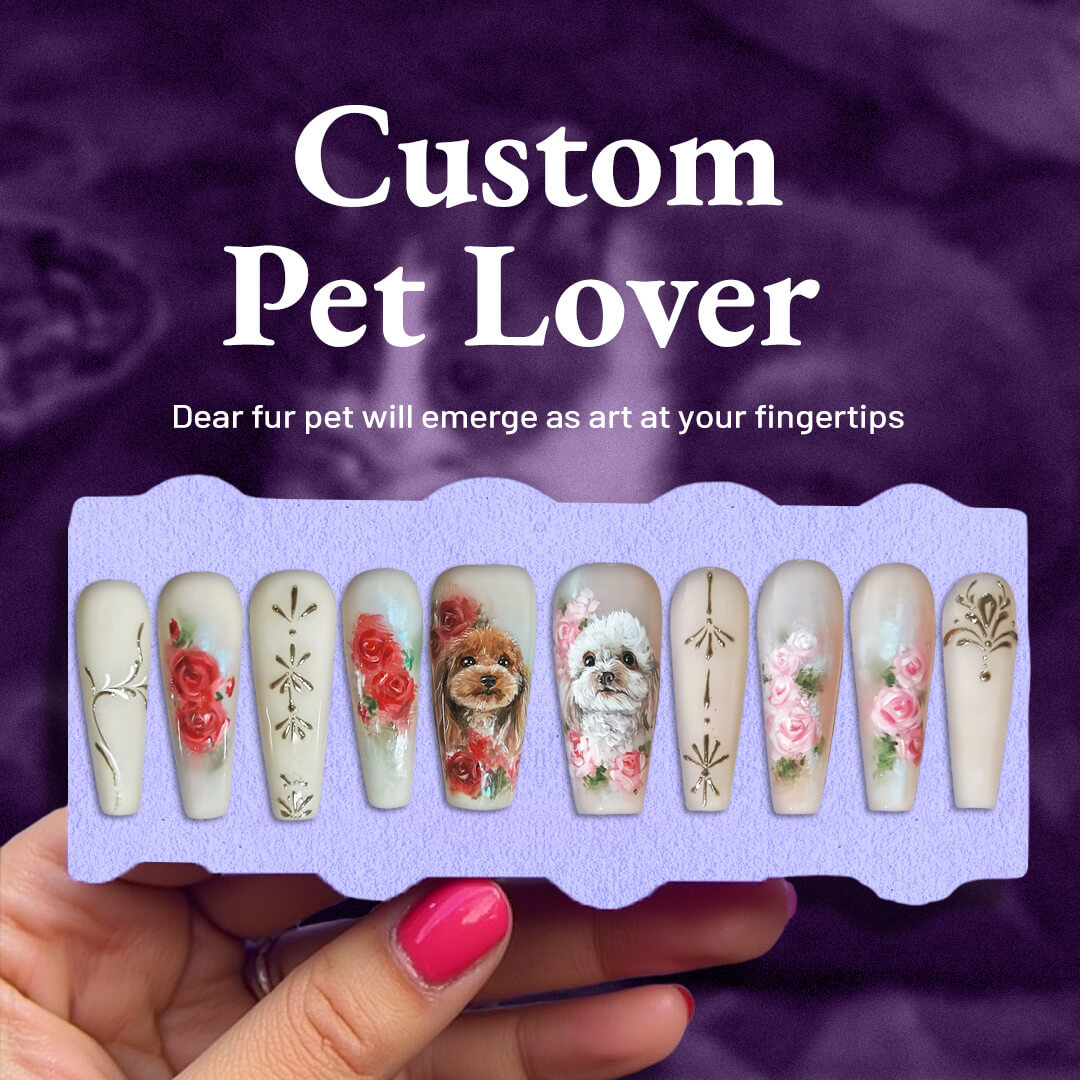 Custom Pet Lover Press-On: A high-quality, personalized press-on nail set featuring adorable pet designs for pet lovers to express their unique style and love for their furry friends