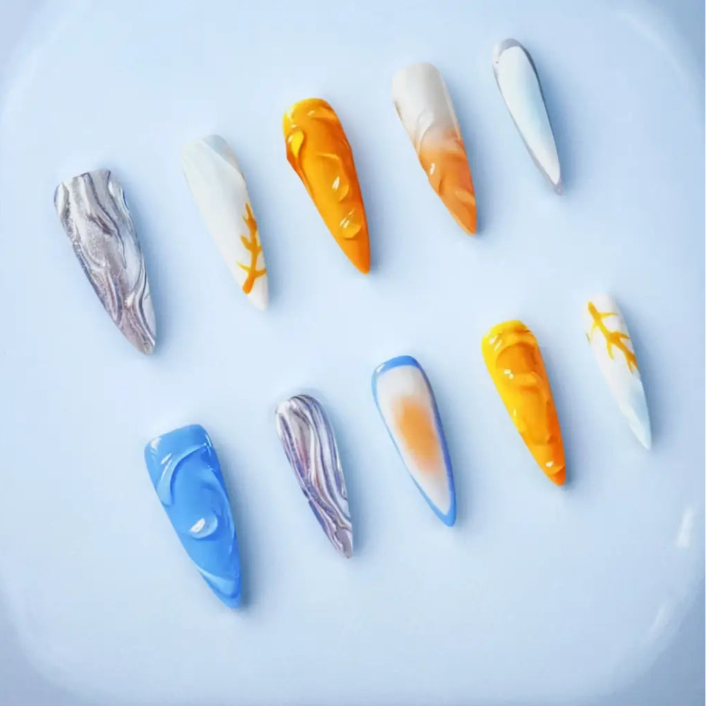 Custom Orange Blue Almond Press On Nails - Made by Nails Aria