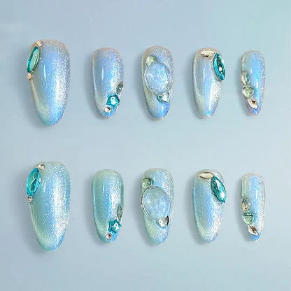 Handmade Blue Almond Press On Nails - Made by Nails Aria