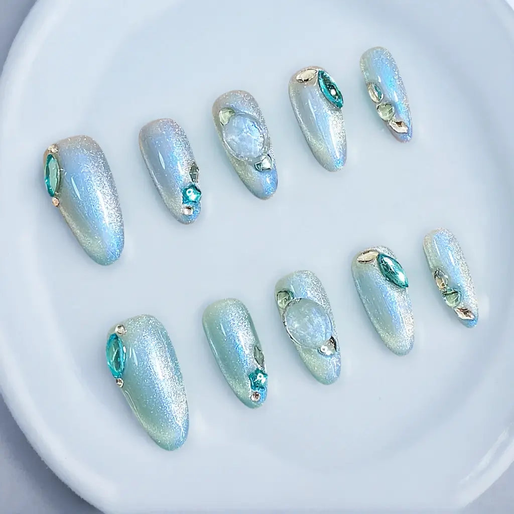 Handmade Blue Almond Press On Nails - Made by Nails Aria