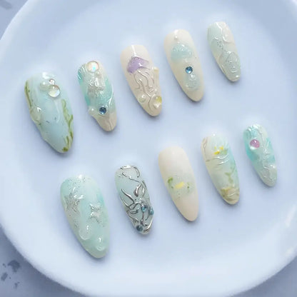 Handmade Blue Almond Press On Nails - Made by Nails Aria