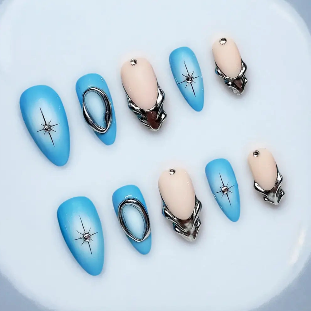 Handmade Sci-fi Almond Press Ons - Made by Nails Aria