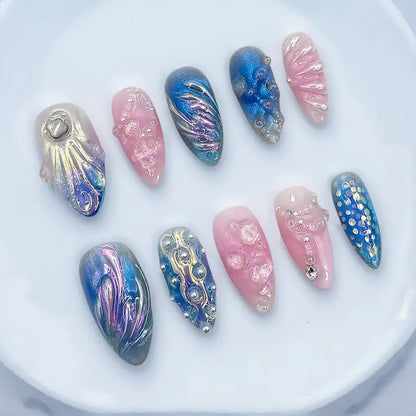 Handmade Almond Press On Nails with Ocean-inspired Design