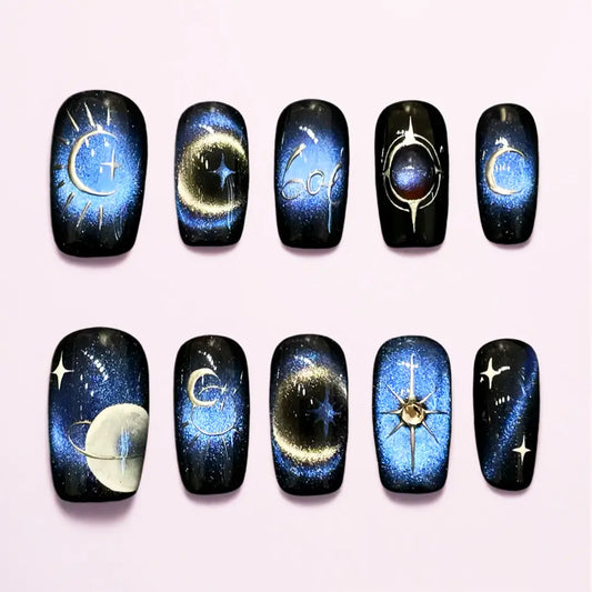 Handmade Blue Cat Eyes Coffin Press On Nails – Made by Nails Aria