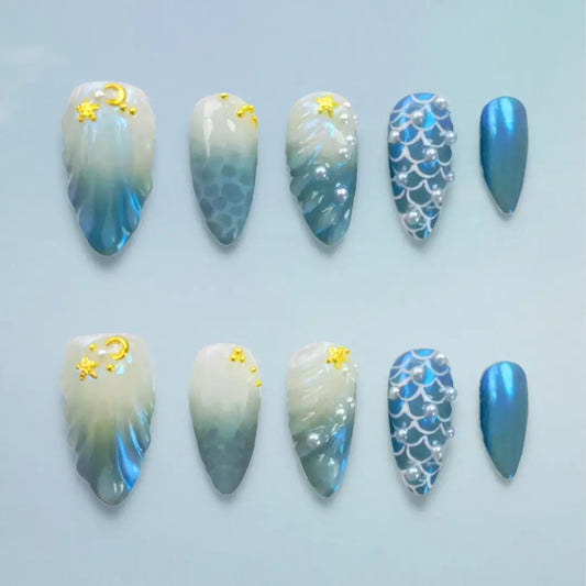 3D Handmade Blue Almond Press On Nails - Made by Nails Aria