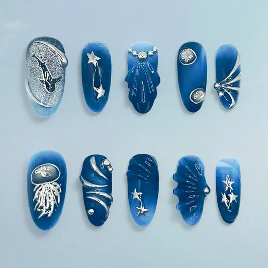 3D Handmade Blue Almond Press On Nails - Made by Nails Aria