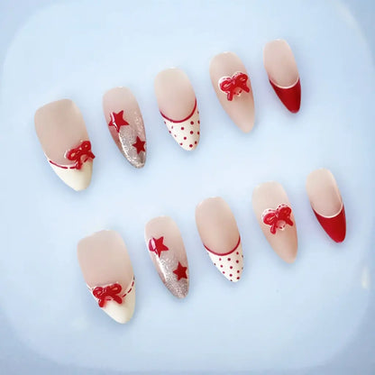 Almond-shaped press-on nails featuring soft pink and vibrant red accents