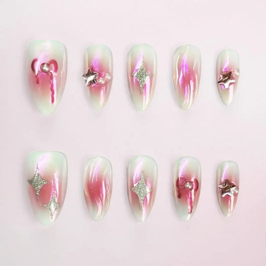Handmade Y2K Pink Almond Press On Nails - Made by Nails Aria