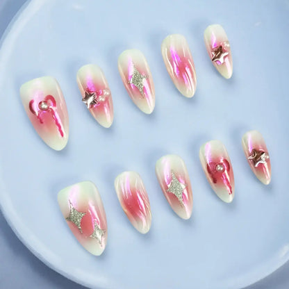 Handmade Y2K Pink Almond Press On Nails - Made by Nails Aria