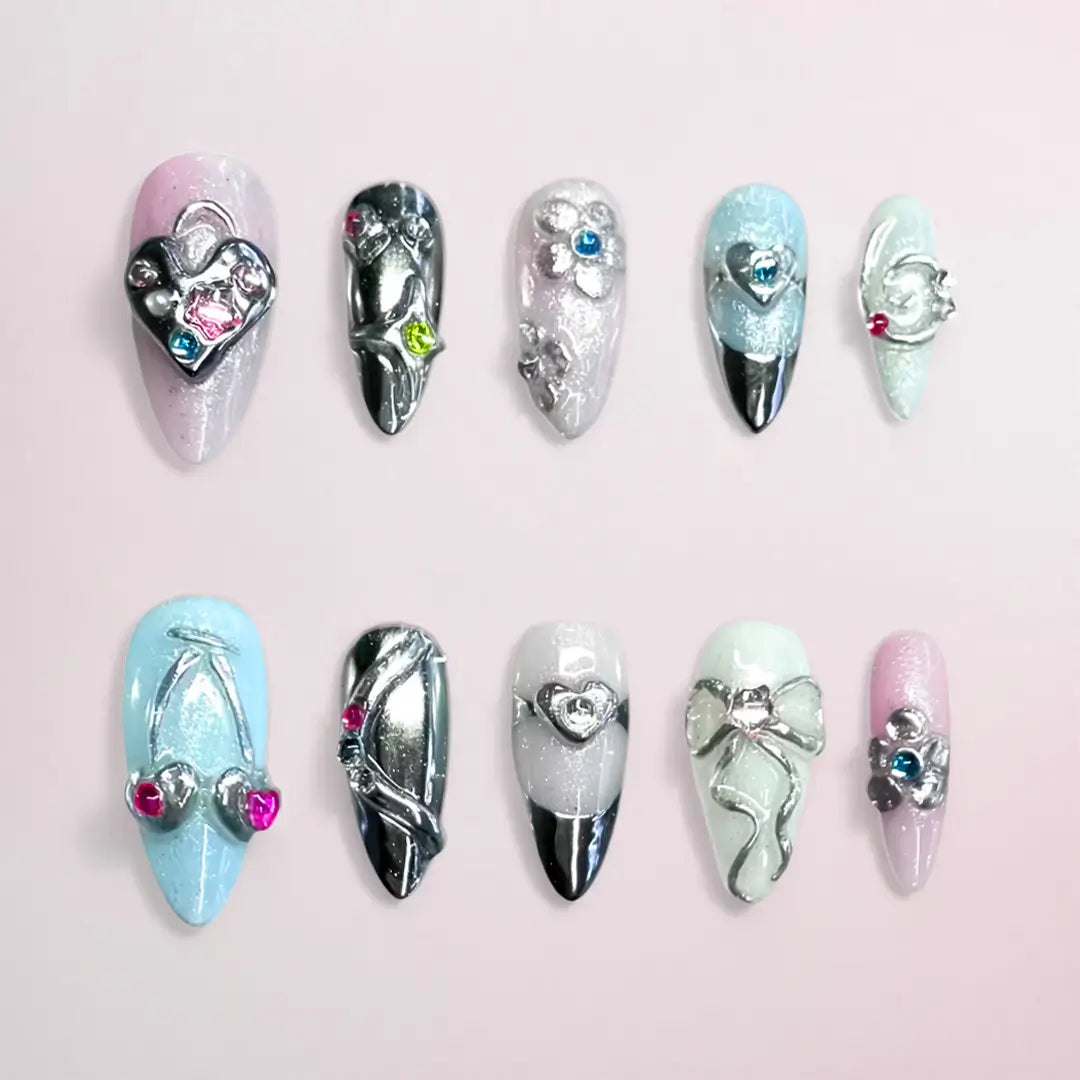 Handmade Y2K Silver Almond Press On Nails - Made by Nails Aria