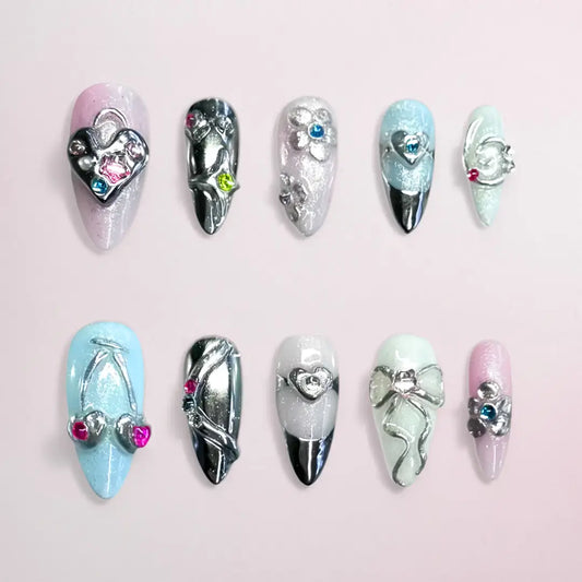 Handmade Y2K Silver Almond Press On Nails - Made by Nails Aria