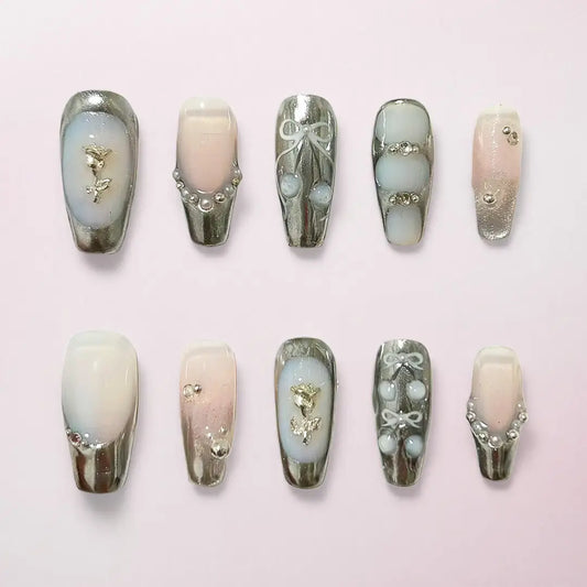 Handmade Y2K White Coffin Press On Nails - Made by Nails Aria
