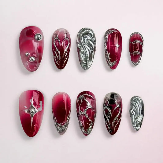 Handmade Red Y2K Almond Press Ons - Made by Nails Aria