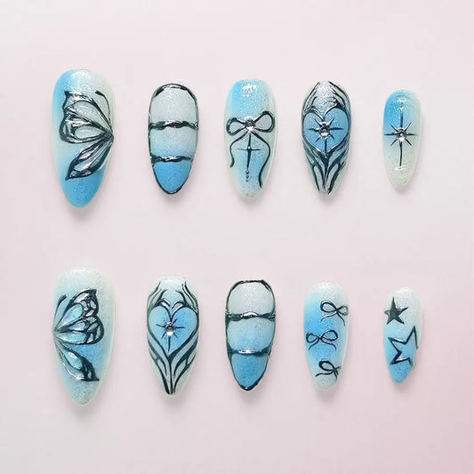 Y2K Blue Almond Press Ons - Handmade by Nails Aria